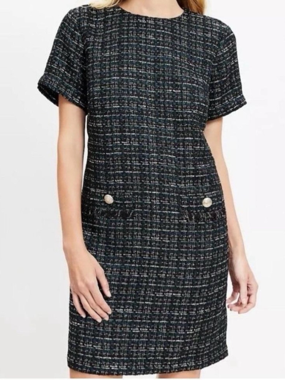 Black Green Metallic Tweed Short Sleeve Shift Dress